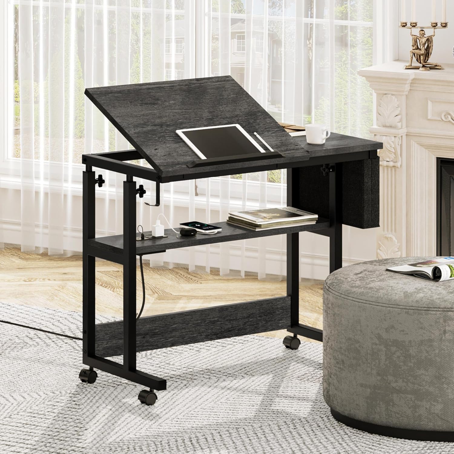 YITAHOME Height Adjustable Table with Charging Station, Portable Desk with Wheels, Small Standing Rolling Computer Desk with Tiltable Tabletop and Storage Bag, Grey