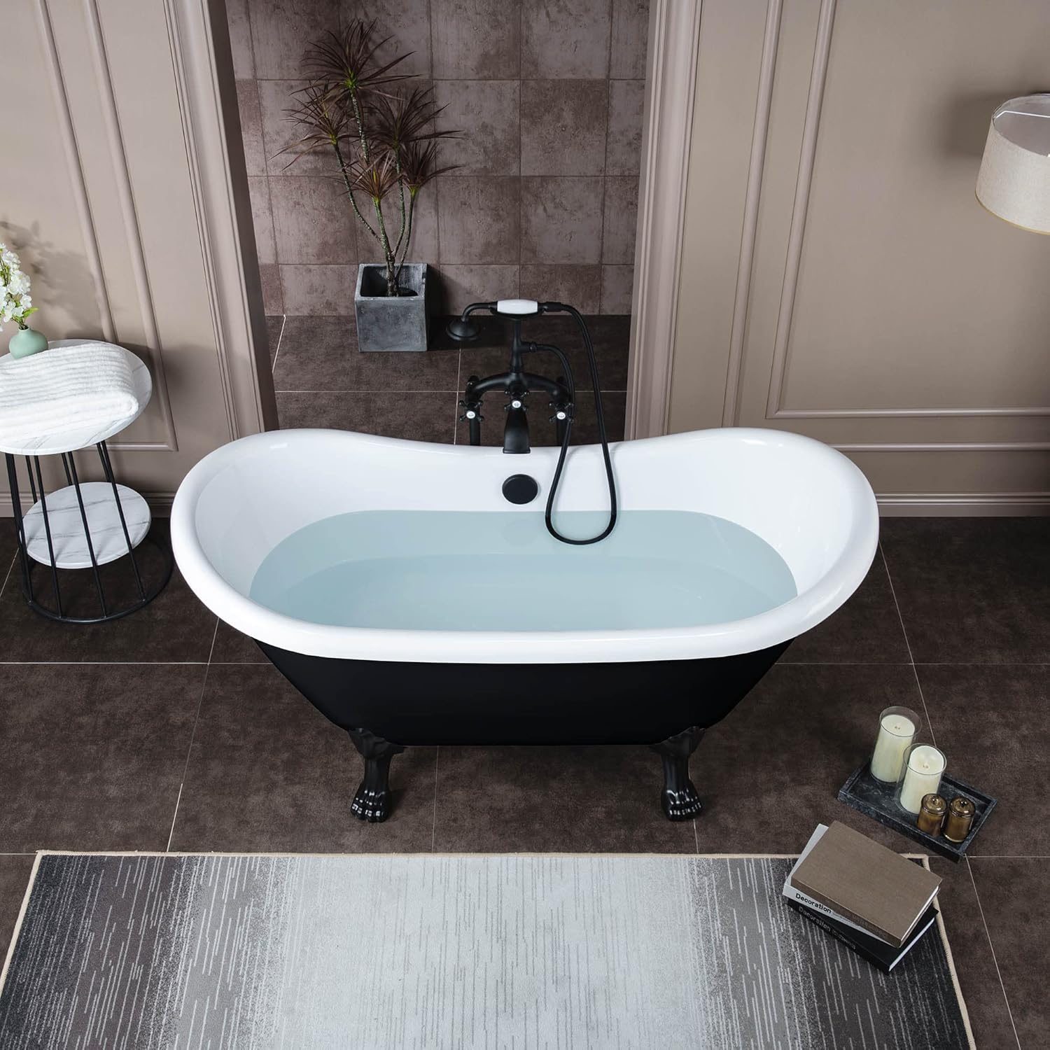 WOODBRIDGE 59" Heavy Duty Acrylic Double Slipper Clawfoot Bath Tub with Matte Black Feet + Drain &Overflow +Matte Black-Faucet