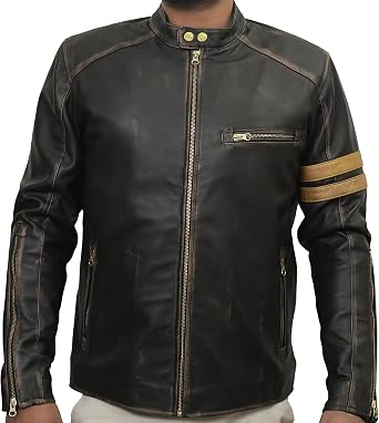 Men s Goat Leather Motorcycle Jackets | Distressed Brown Aged & Golden Stripe Biker Styles