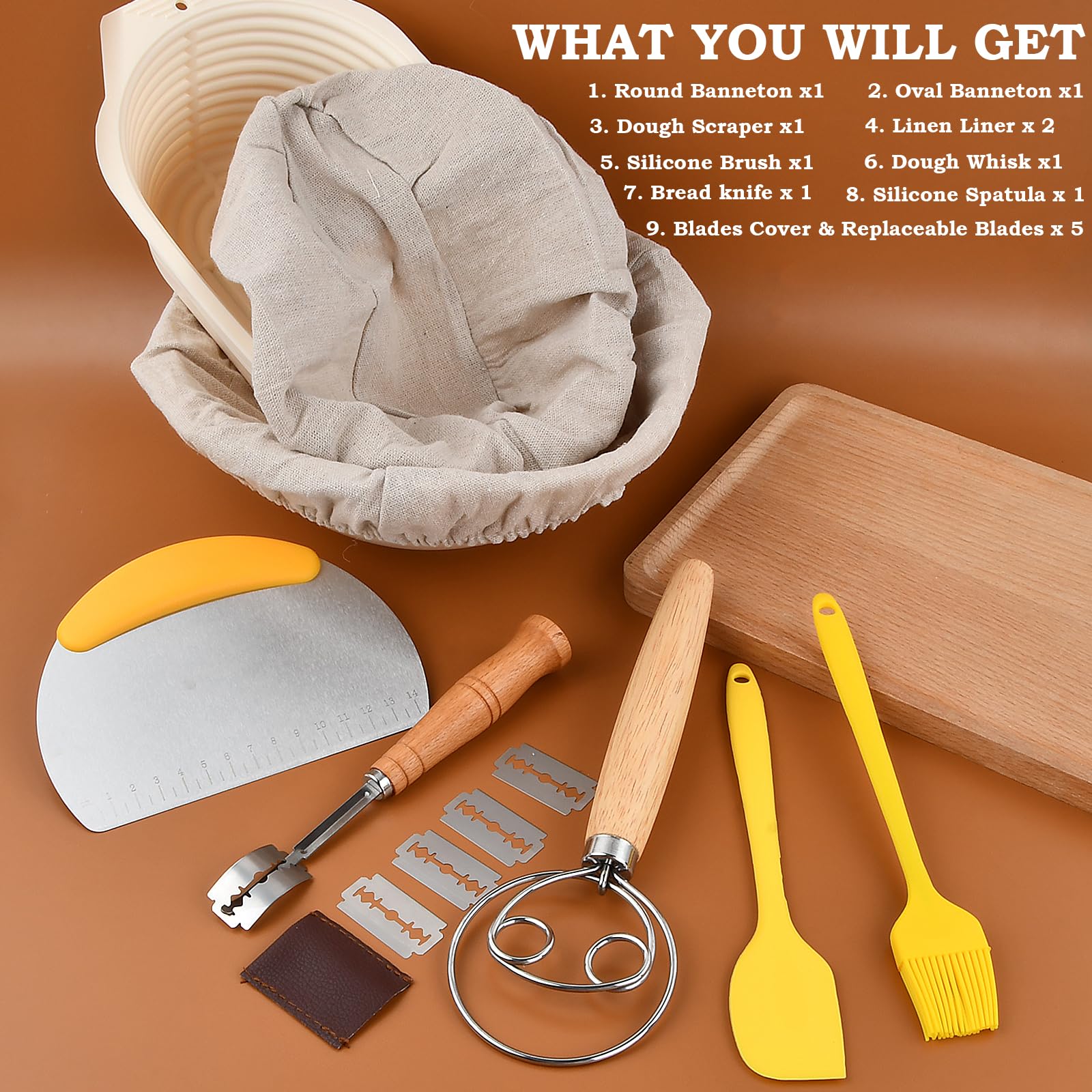 Banneton per Kit Pane, Cestino da Lievitazione Rotondo e Ovale, Cestino per La Fermentazione con Tela di Lino, Raschietto Pasta, e Lame Taglierina Pane, Accessori per La Cottura