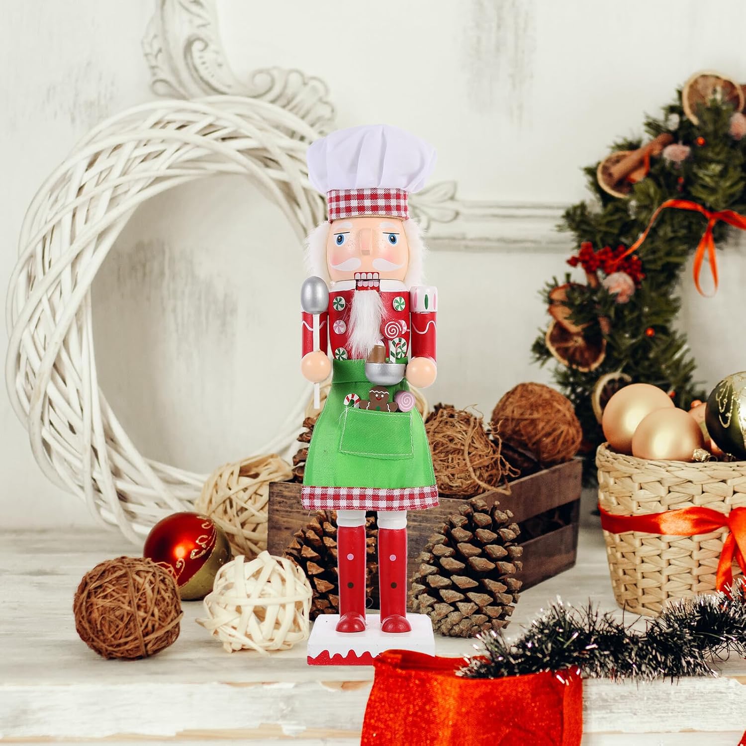 Wooden Christmas Nutcracker Figurine 38cm Desktop Ornament Green Apron Holiday Decoration for Home and Party