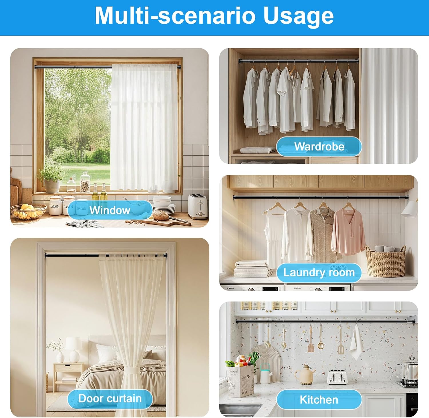 MEXAU 2 Pack Spring Tension Curtain Rods 31-76 Inch Black Shower Curtain Rod No Drilling Adjustable Spring Loaded Curtain Rods 7/8" Diameter Shower Rods for Window Bathroom Closet Doorway Door