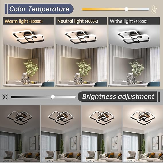 EIDISUNY Modern Ceiling Light LED, 50cm Black LED Dimmable Ceiling Lights Fixtures with Remote Control, Square Flush Mount Lamp for Living Room Dining Room Bedroom Kitchen Hallway Light - 40W [Energy Class E]