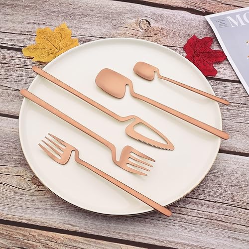 Miniatura 5 de JASHII Juego de cubiertos de acero inoxidable 304 color oro rosa mate, juego de cubiertos de 20 piezas, moderno juego de cubiertos colgantes, regalo