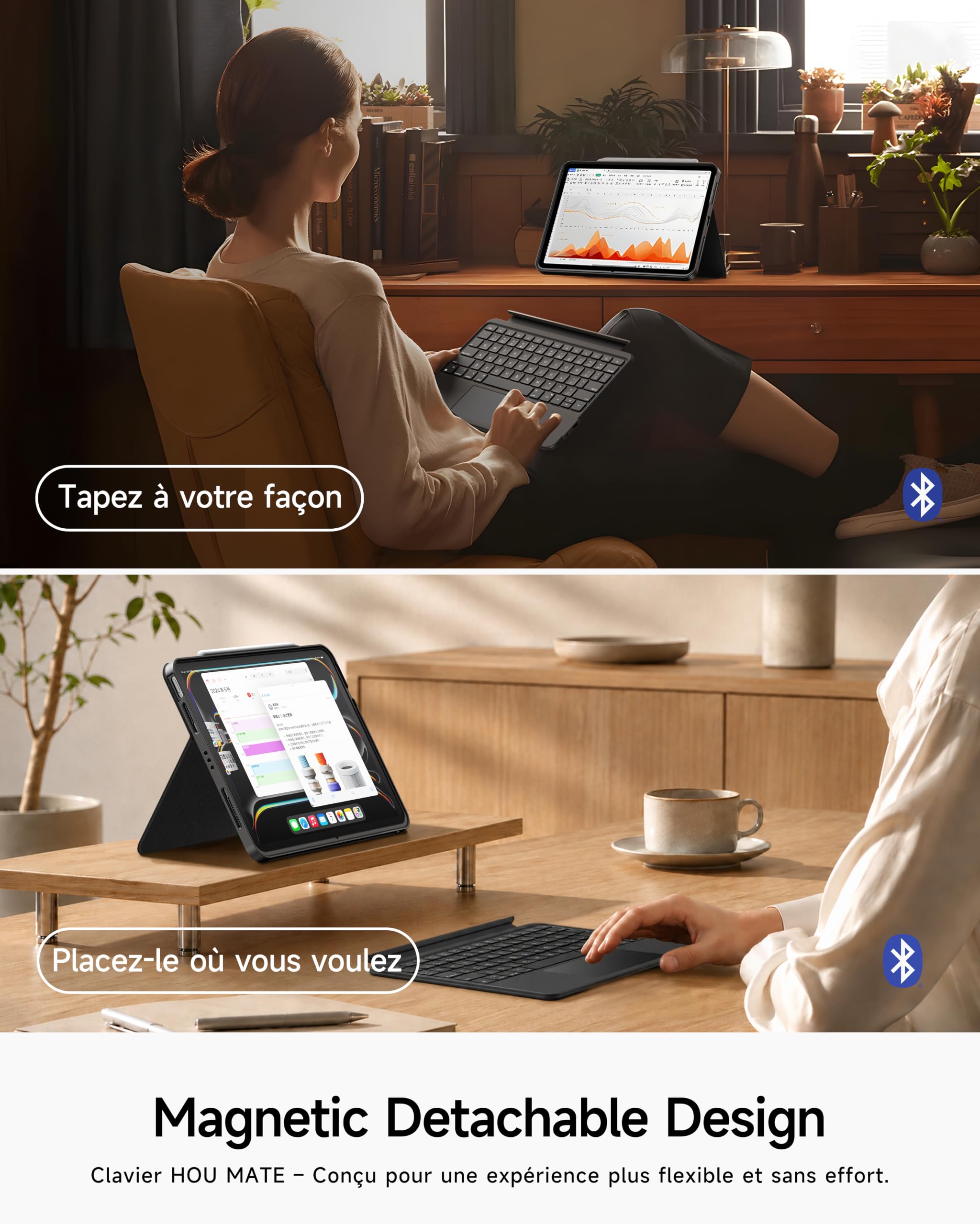 HOU Clavier Rotative pour iPad Air 13" M4/M3/M2, Coque Magnétique Détachable avec Clavier pour iPad Pro 13" M5/M4 et Pro 12.9" 6e/5e/4e/3e génération, avec Pavé Tactile, Rétroéclairage - Noir