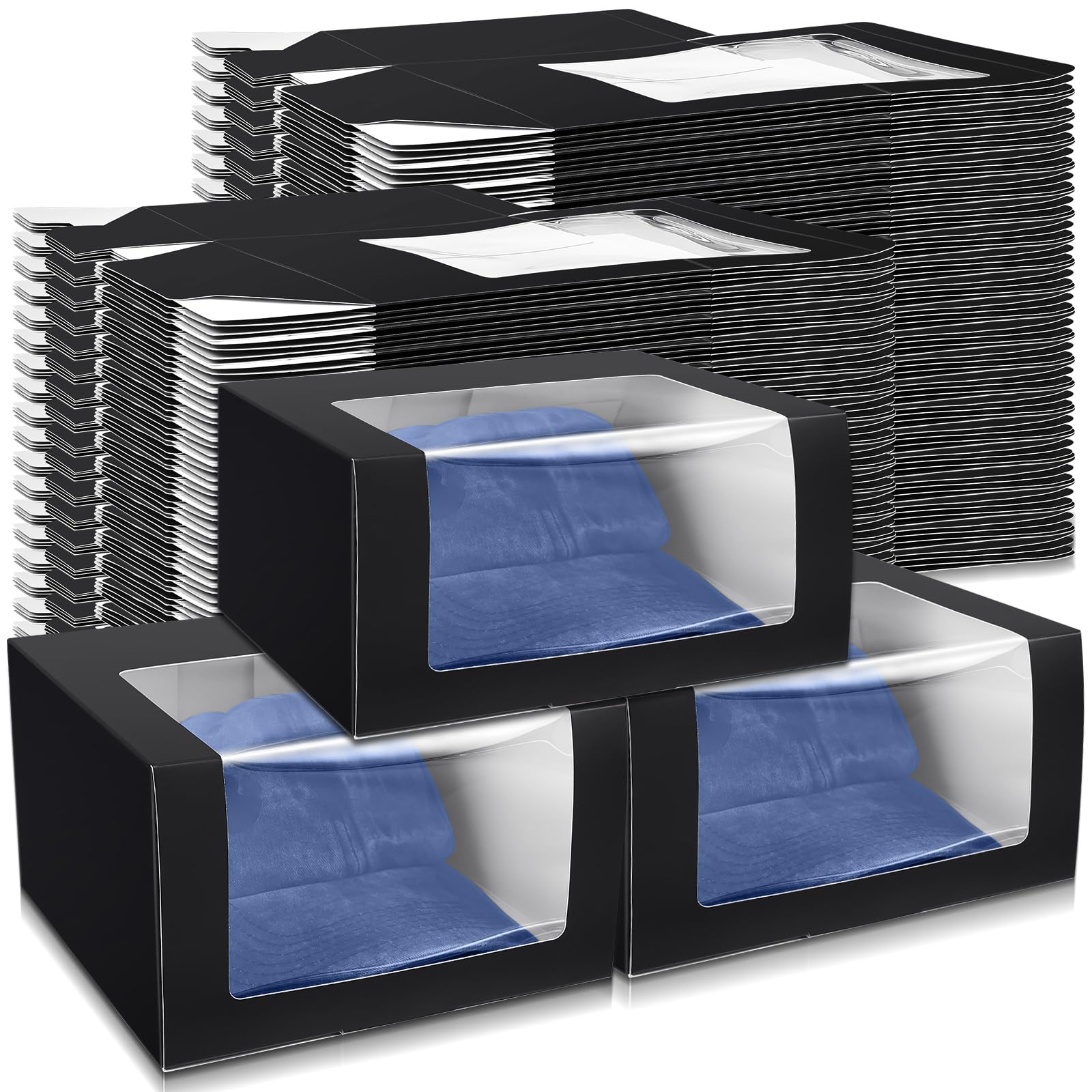 Photo 1 of DoubleFill 100 Pcs Hat Boxes with Clear Window, Foldable Gift Boxes for Baseball Caps, Storage, Display and Shipping (Black)