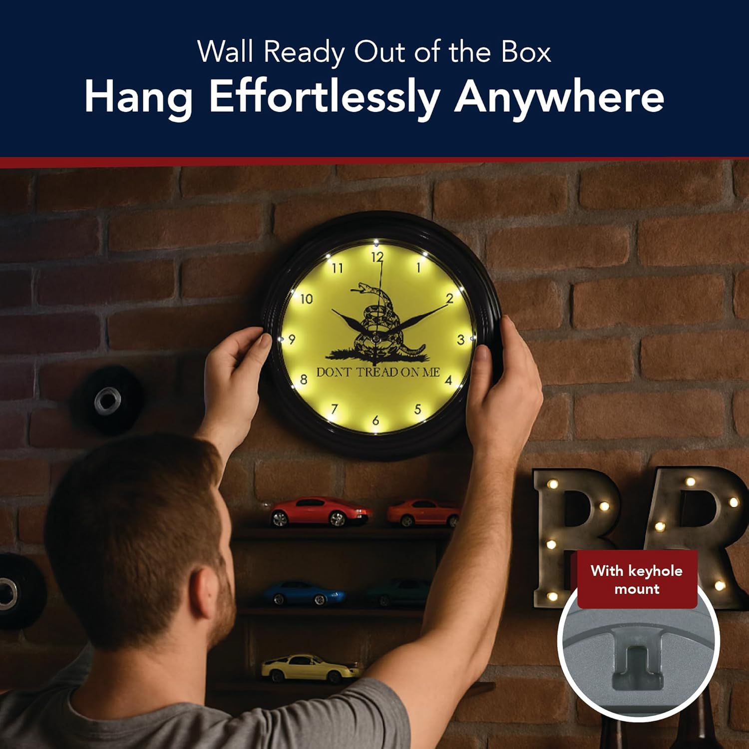 American Art Decor Snake Don't Tread LED Clock - 12" Wall Mounted Modern Wall Decor - Patriotic Gadsden Design Wall Clock for Living Room, Dorm, Mancave, Garage, Office, Game Room (Yellow/Black/Green)