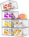 Thicken & Sturdy Clear Shoe Storage Organizer with Magnetic Door, Stackable Boxes for Closet, Foldable Space-Saving Shoe Rack for Sneaker Boot Container, Plastic Shoe Cabinet Shoe Box 6 Pack, White