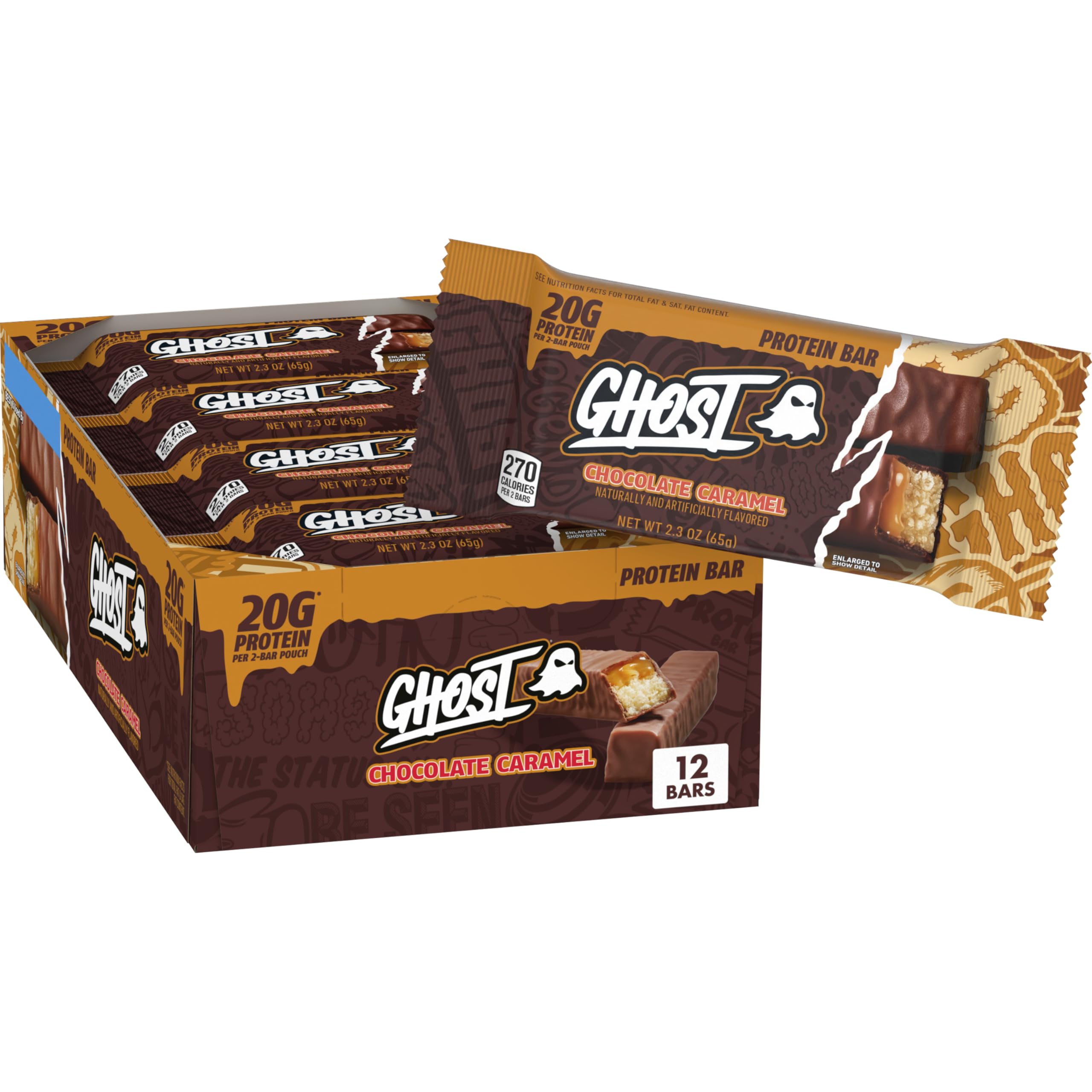 Ghost Chocolate Caramel Protein Bar, 20g Protein, 2g Sugar, 12 ct, 27.6 oz Chocolate Caramel 27.6 Ounce (Pack of 1)