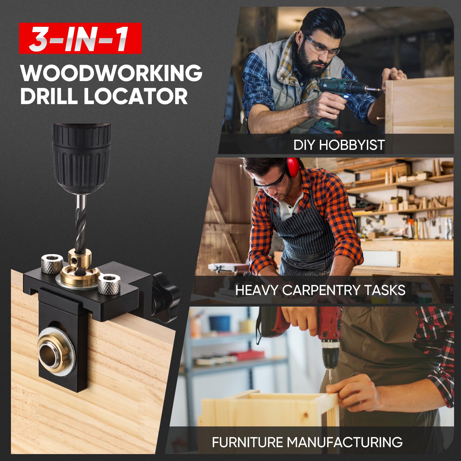 3-in-1 Bohrschablone Für Holzdübel – Verstellbar, Mit 8/10/15 Mm Bohrern, Für Möbelbau & Holzverbindungen