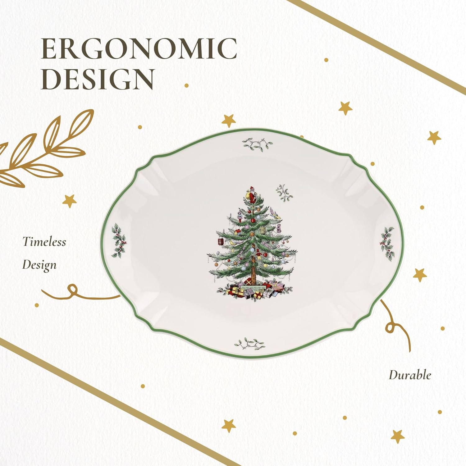 Spode Christmas Tree 17" Oval Serving Platter – Large Porcelain Plate for Meat, Fruit, & Baked Goods – Microwave & Dishwasher Safe – Elegant & Beautiful Holiday Tableware