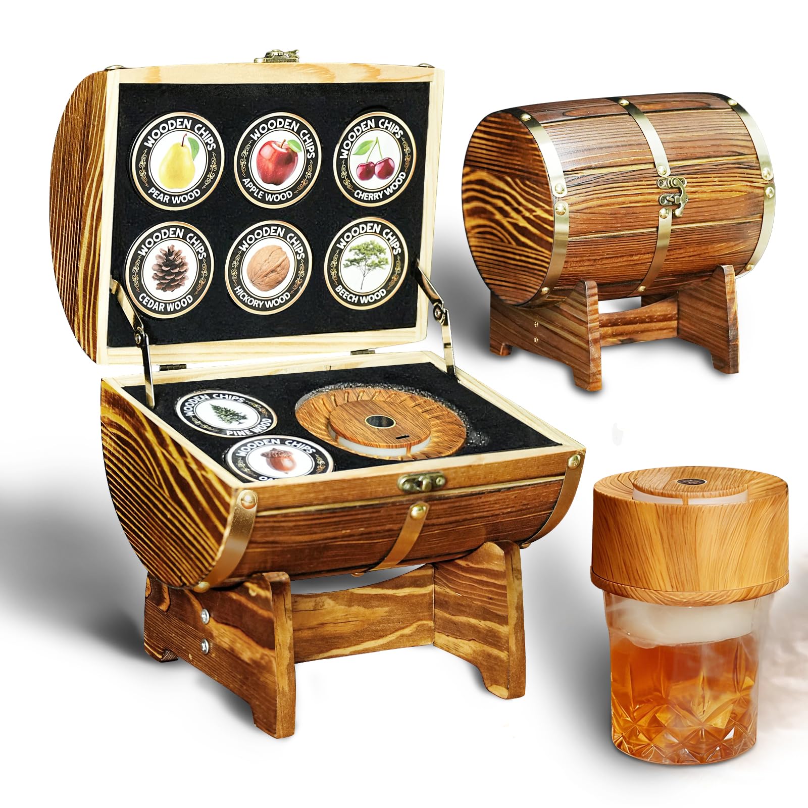 Kit per affumicare whisky con custodia in legno, affumicatore elettrico per cocktail e trucioli di legno da 8 gusti, kit per affumicatore vecchio stile Bourbon regali per uomini