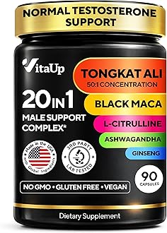 Normal Testosterone Supplement for Men - USA Made Normal Testosterone Support with Tongkat Ali, Black Maca Root, Zinc, Vitamin B12, Ashwagandha - 20 in 1 Advanced Complex - 90 Vegan Caps