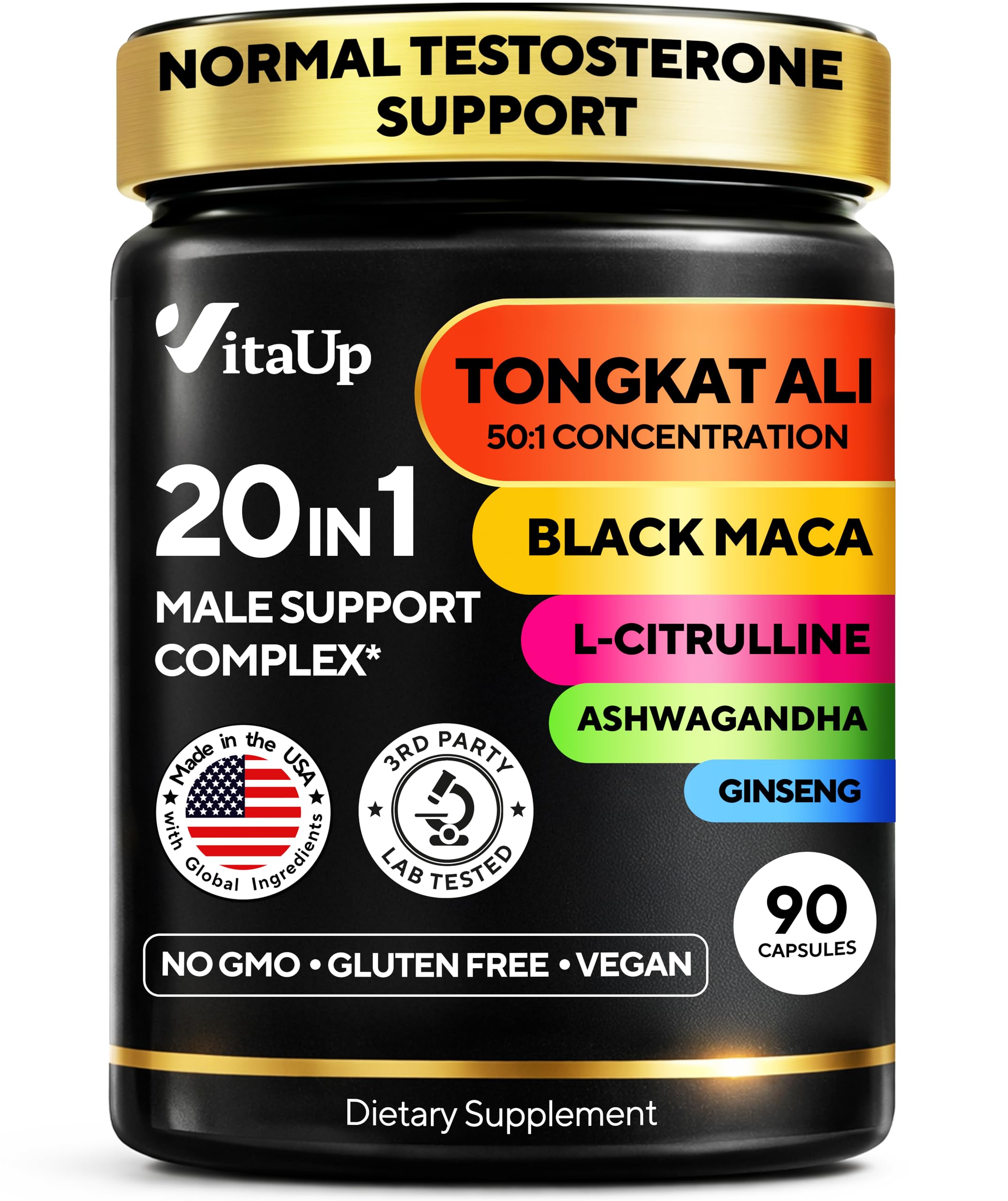 Normal Testosterone Supplement for Men - USA Made Normal Testosterone Support with Tongkat Ali, Black Maca Root, Zinc, Vitamin B12, Ashwagandha - 20 in 1 Advanced Complex - 90 Vegan Caps