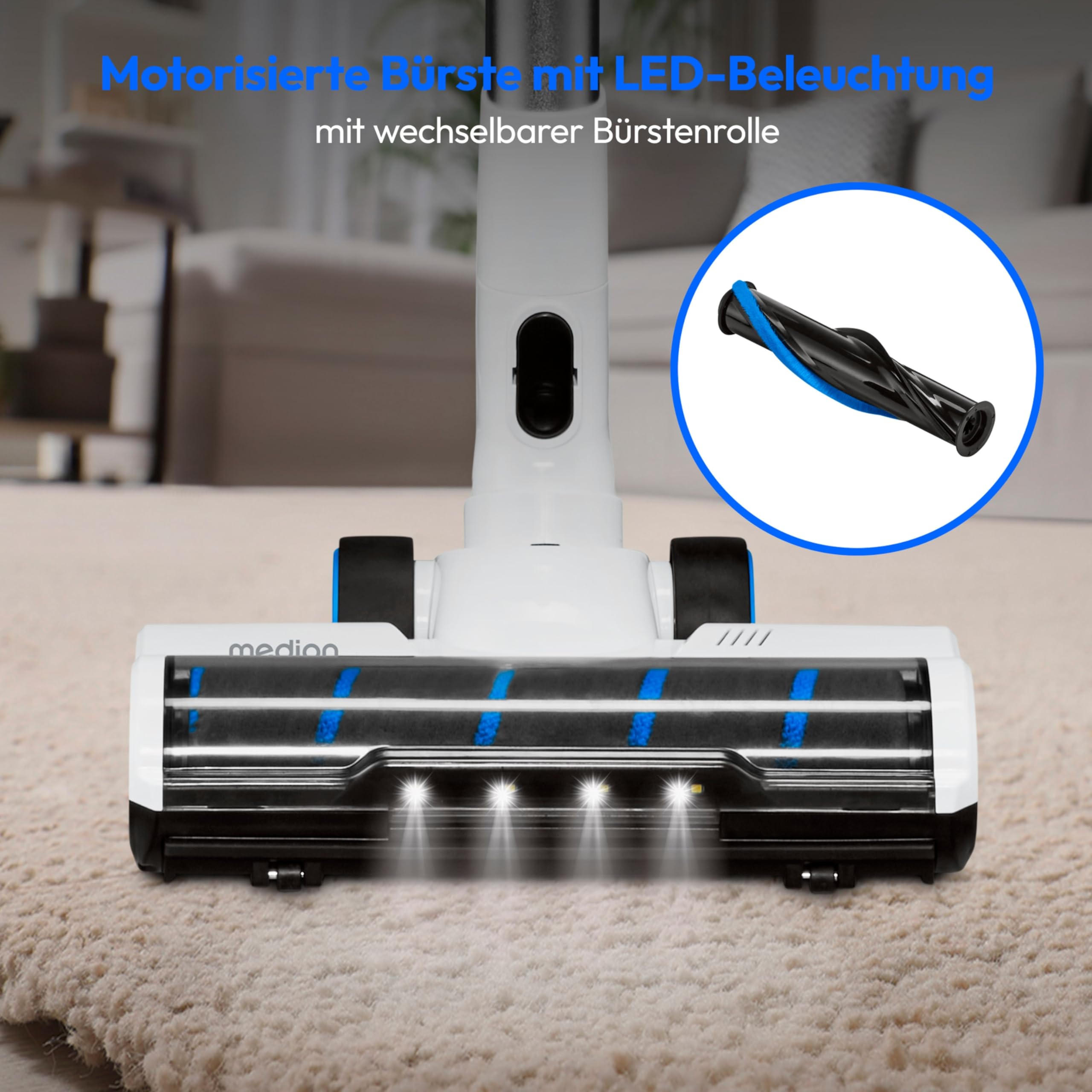 MEDION P400 W+ Akku-Stielstaubsauger mit Wischfunktion (elektrischer Wischaufsatz, kabellos, beutellos, Zyklon-Technologie, 400 Watt, Handstaubsauger, Staubsensor, HEPA H13, Bürstenrolle)