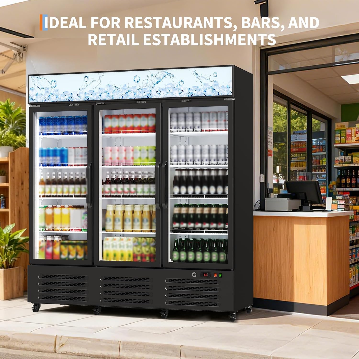 Commercial Refrigerator, Three Glass Door Display Beverage Fridge, 39 Cu ft Upright Beverage Cooler Merchandiser with Soft LED Light, Adjustable Shelves and Swivel Castors, Fast Cooling