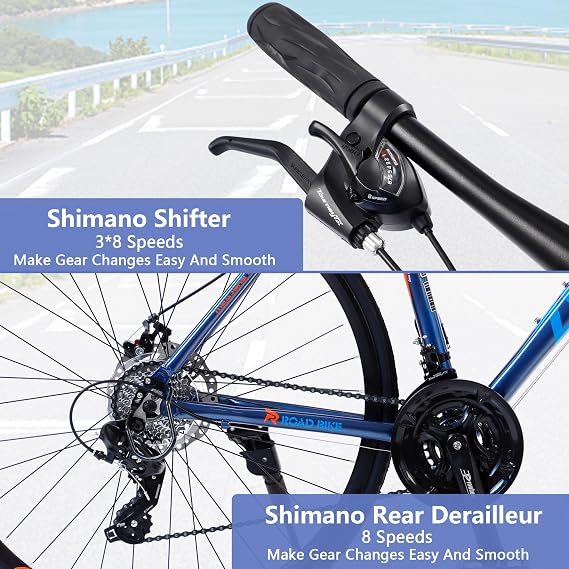 700C Hybrid Road Bike 24 Speeds with Disc Brakes and Aluminum Alloy Lightweight Frame,Racing Bicycle with Flat Bar,Commuter Bike,Hybrid Bike for Adult,Men,Women