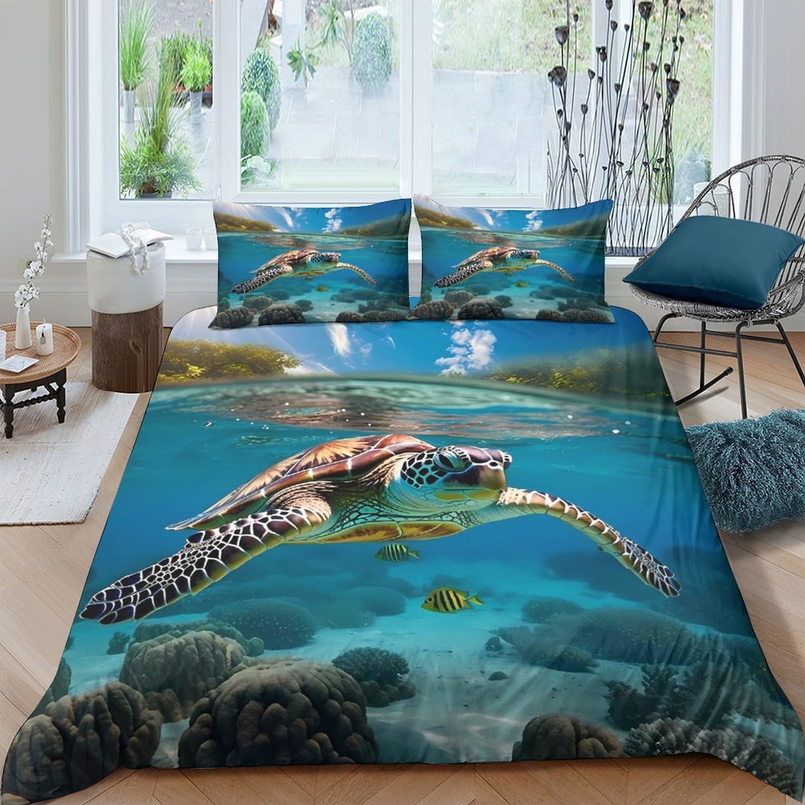 Ctjqhvkz Style-9 3D Printed Sea Turtle Ocean Fitted Sheet Microfiber Soft Breathable Underwater Coral Mattress Cover For Bedroom Dorm Decor Single（135X200cm）