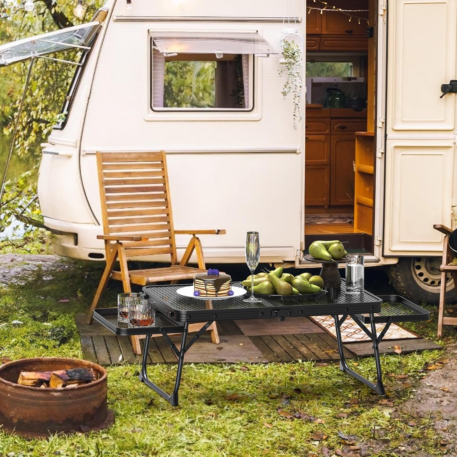 Black Outdoor Folding Table Aluminum Frame Iron Grid Top Rectangular Small Side Tables on Both Sides, 48*8*34cm