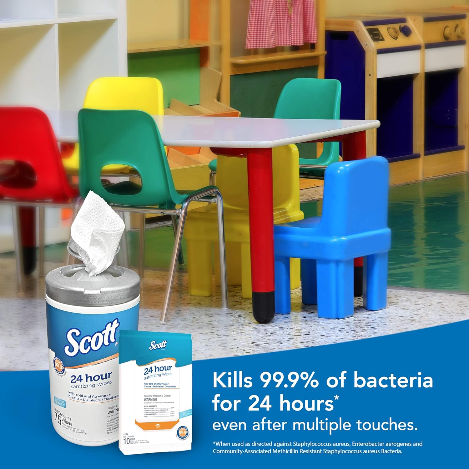 Scott 24 Hour Sanitizing Wipes – Multi-Surface Cleaning & Disinfecting, Continuous Sanitization for 24 Hours – (41526), 50 Packs x 10, 500 Wipes