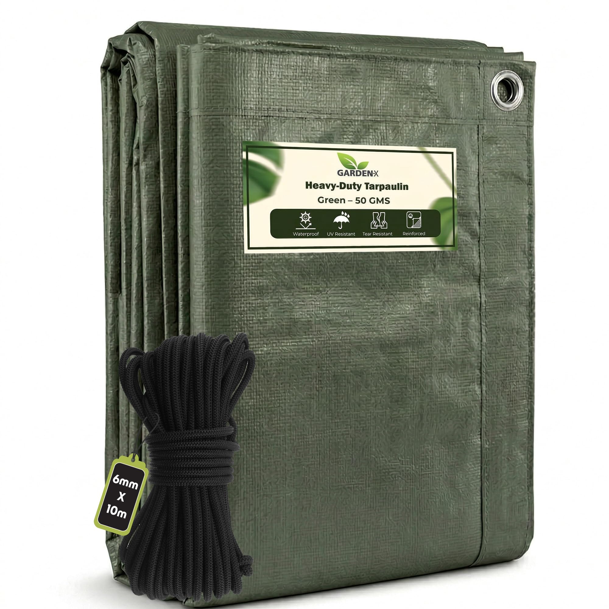Gardenix Green + 10 Metres Of 6Mm Bungee Rope 1.5M X 6M Green Tarp 50Gsm Tarpaulin Waterproof Tarp Sheet Cover, Groundsheet, Multipurpose, Lightweight + 10 Metres Of 6Mm Bungee Rope
