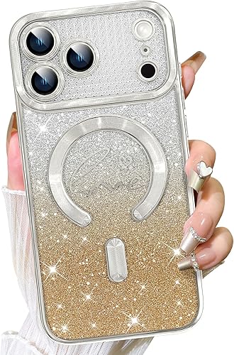 Vista 373 de Fiyart - Funda transparente magnética con purpurina para iPhone 12 para mujeres, con grabado "Love" metálico, protección para cámara y antigolpes