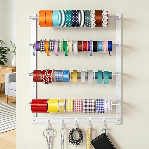 Miniatura 7 de Estante de exhibición de montaje en pared con 5 ganchos, organizador de cinta, rollo de carrete y toalla de corbata, soporte de papel de envoltura