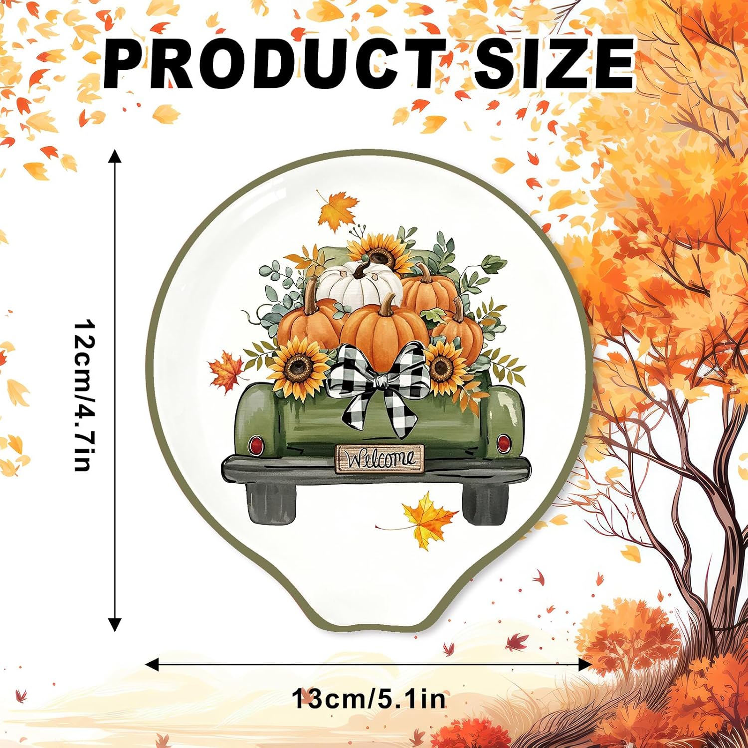 JarThenaAMCS 4.7 Inch Fall Spoon Rest Vintage Green Truck Pumpkin Small Coffee Spoon Holder for Farmhouse Autumn Harvest Thanksgiving Bar Coffee Station Kitchen Decor