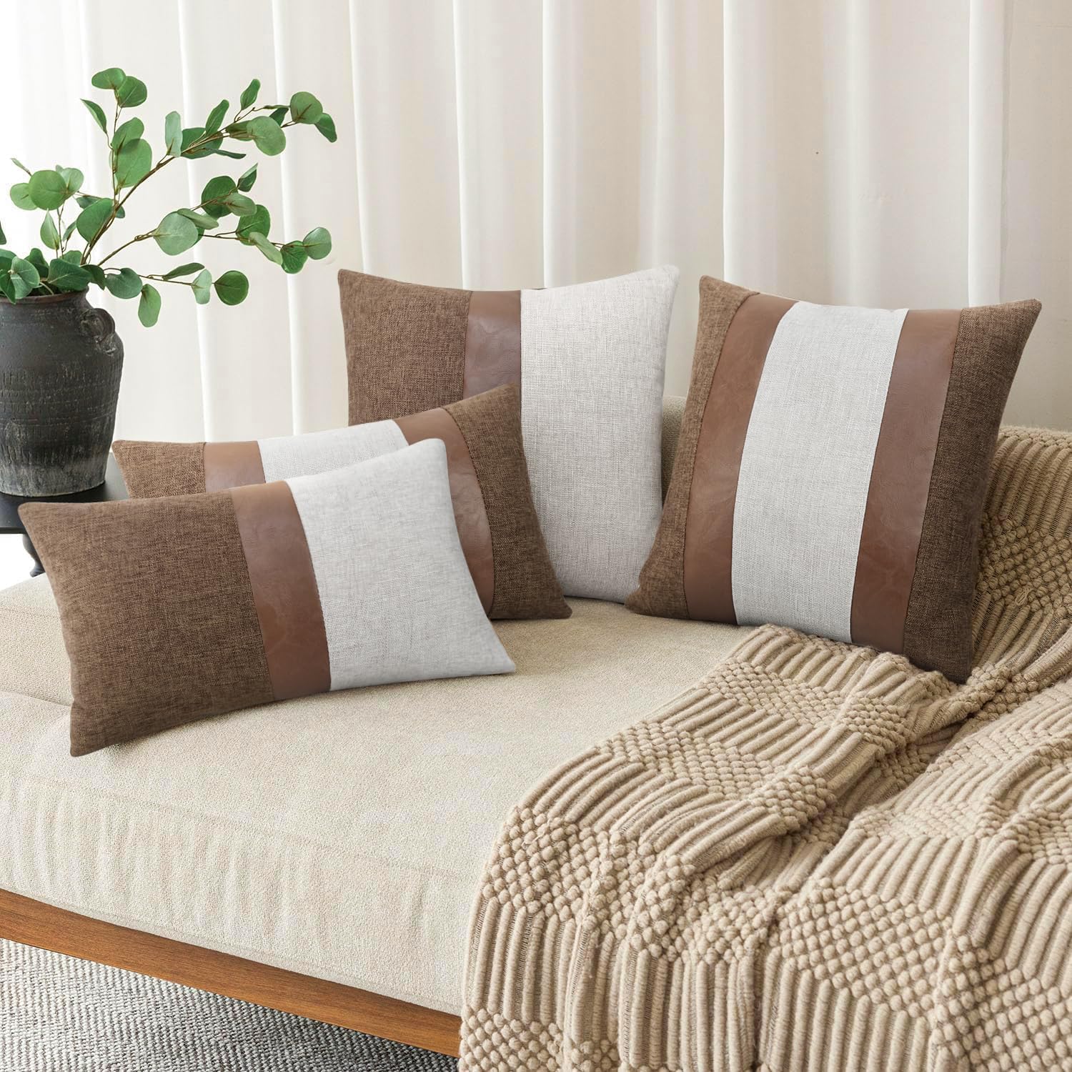 Merrycolor Faux Leather and Linen Lumbar Pillow Covers 12 x 20 Inch Patchwork Modern Farmhouse Throw Pillow Covers Coffee Brown Leather Decorative Lumbar Pillow Cover for Couch Sofa