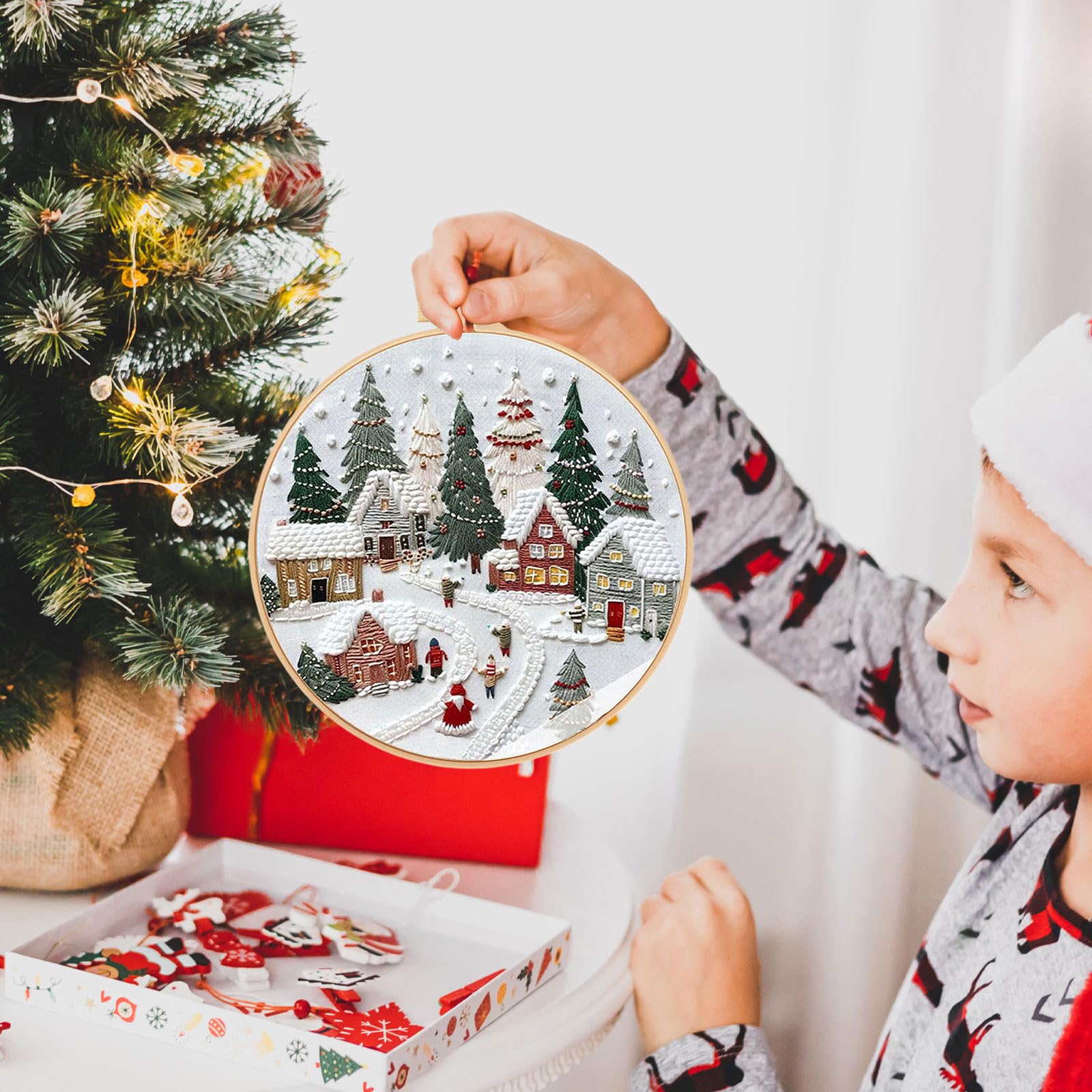Kit De Broderie De Noël - Village Enneigé à Broder Soi-même Pour Débutants, Avec Cercle Inclus