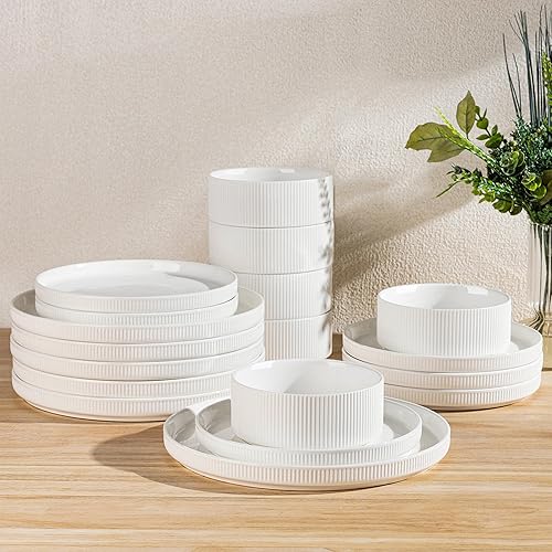 TheTerra Ceramic Dinnerware Sets for 6, 18 Pieces Porcelain Lightweight Plates and Bowls Sets, Scratch Resistant Dish Set, Oven & Microwave & Dishwasher Safe, Bright White