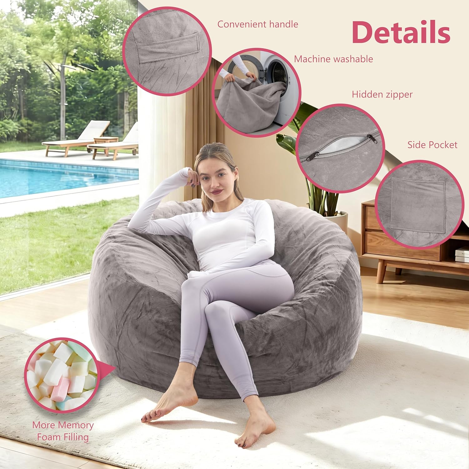 Giant Bean Bag Chair with Memory Foam Filling Beanbag for Adult 8 Colors, Machine Washable Removeable Flannel Cover, Soft Cozy for Bedroom, Living Room - 3 Feet Gray