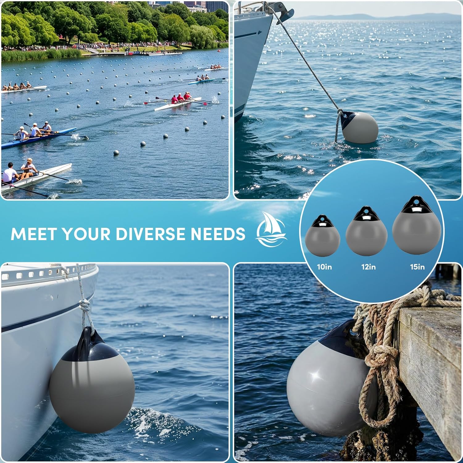 Boat Mooring Buoys 10"/12"/15", Round Boat Fenders Boat Bumpers, Vinyl Inflatable Anchor Buoy Ball, Boat Buoy for Docking/Anchoring/Marking - Multiple Color Options (1,2,4 Pack)