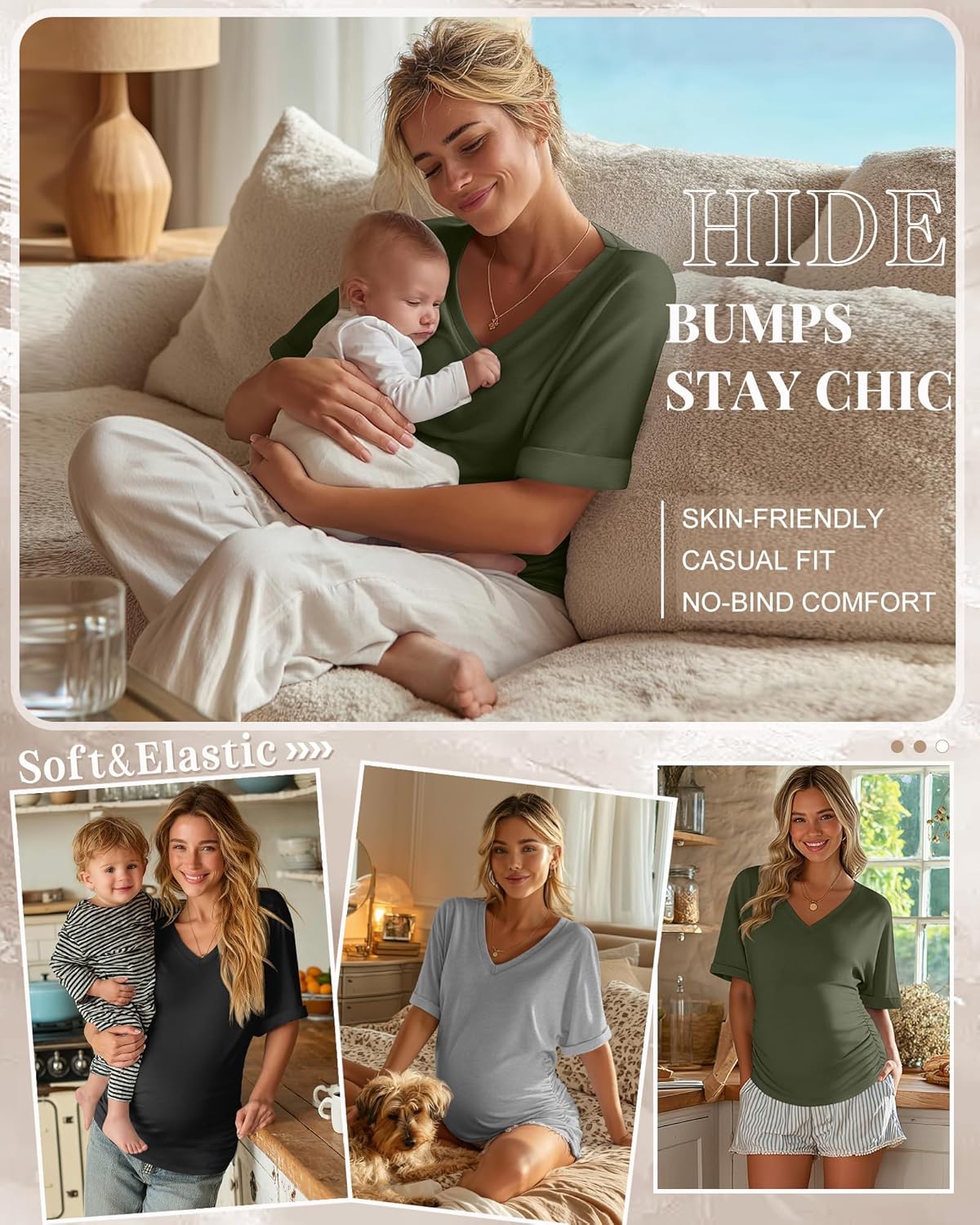 Ficerd 3 Pack Women's Maternity Shirts V Neck Half Sleeve Pregnancy Tunic Tops Side Ruched Mama Clothes Casual Tee Blouse - Image 2