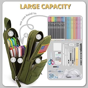 BERRYRIZZ Tactical Large Capacity Pencil Case Pen Pouch Organizer Canvas Pencil Bag with Handle School Supplies for Teen Boys-Green