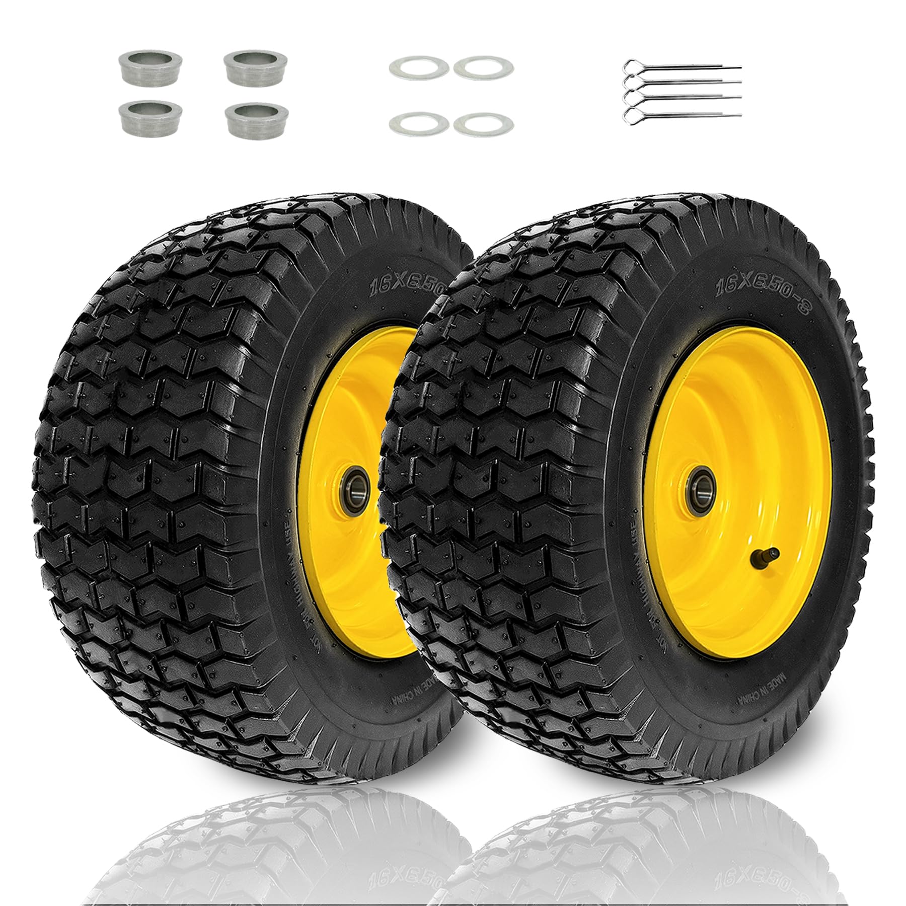 2PCS 16x6.50-8 Tubeless Lawn Mower Front Tires Replacement for John Deere & More Riding Mowers,with 3" Offset Hub and 3/4" Bearing & 1" Grease Bushing,4 Ply Tubeless,35Psi,715lbs Capacity?16x6.5-8?