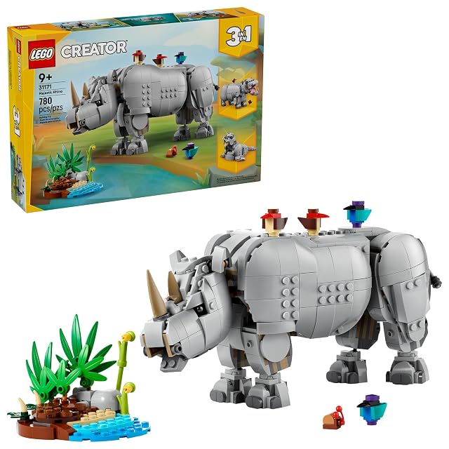 LEGO Creator 3 in 1 Wild Animals Majestic Rhino with Birds Building Toys for Kids - Safari Pretend