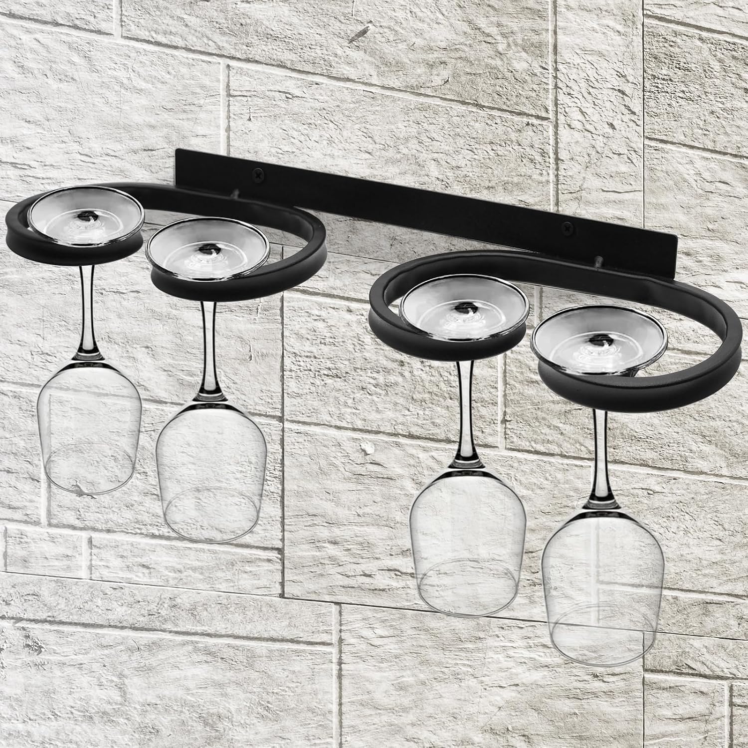 2 Pcs Wall Mounted Wine Glass Rack Stemware, Metal Black Wine Cup Glasses Hanger Holder, Stemware Storage Organizer for Bar Kitchen Dining Room (15.12 Inch)