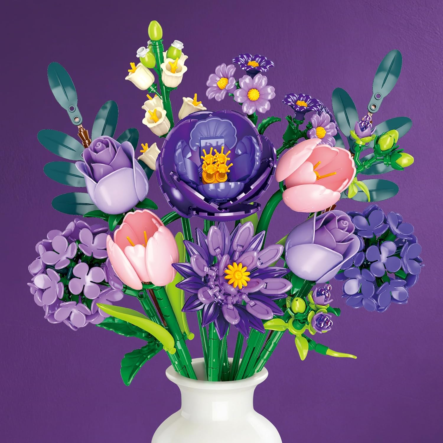 Purple Flower Bouquet Building Set for Women & Adults, Rose Tulip Camellia Ferns & Dahlia, Artificial Botanical Collection, Living Room Home Decor, 642 Pcs