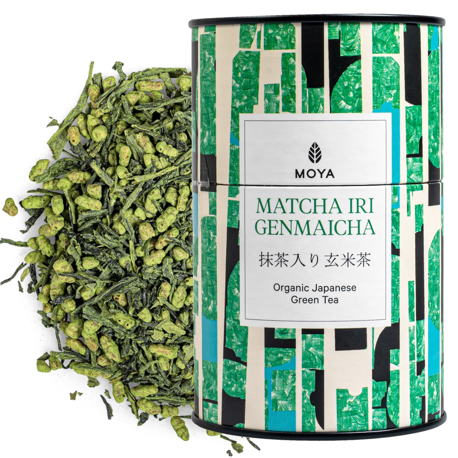 Moya Organic Japanese Iri Genmaicha Green Tea Loose Leaf | 60g Sencha with Rice and matcha | Matcha Genmaicha | Tea from Japan | Vegan Friendly |Packed in Multicolored Carton Tin