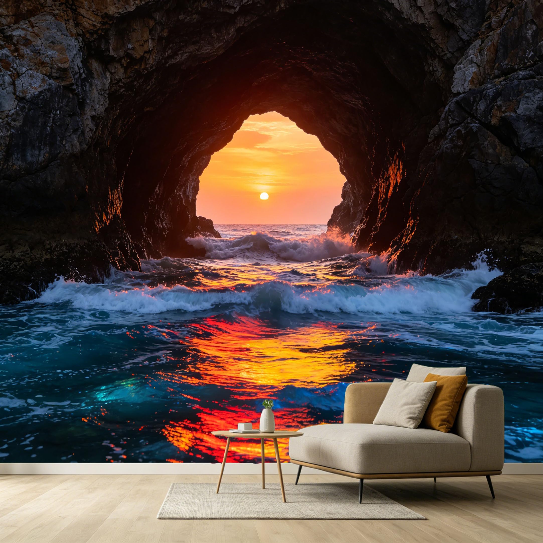Custom Size Wall Murals Ocean Marine 3D Trompe l’oeil Sunset Sea Cave Waves Natural Seascape SelfAdhesive Wall Fabric Removable Large Wallpaper for Photo Living Room