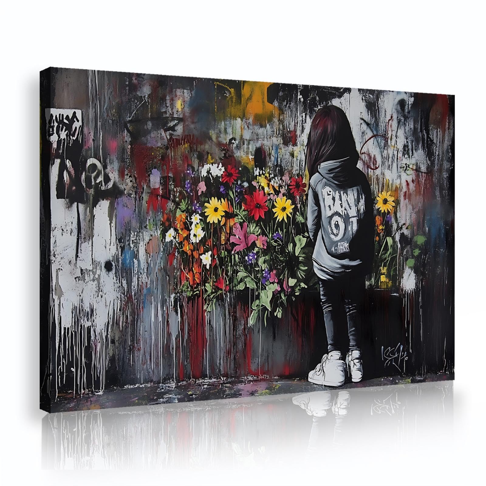 SHENGPOSTER Urban Art Hip Hop Poster Da Parete Su Tela Ragazza E Margherite Colorate Arte Parete Su Tela Immagini Stampe Per Bagno Camera Da Letto Decorazione Casa 45x68cm Innerframe
