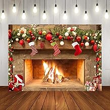 Mocsicka 7x5ft Fireplace Backdrop Christmas Fireplace Photography Background for Wall Winter Holiday Family Merry Christmas Eve Party Decorations Banner Portrait Photo Booth Props ﻿