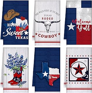 TecUnite 6 Pcs Texas Bluebonnets Kitchen Towels Texas Souvenirs Dishcloth 24 x 16 Inches Gifts Sweet Hand Towels White Blue Red Print Decorative Tea Dish Cloth for Home Decoration
