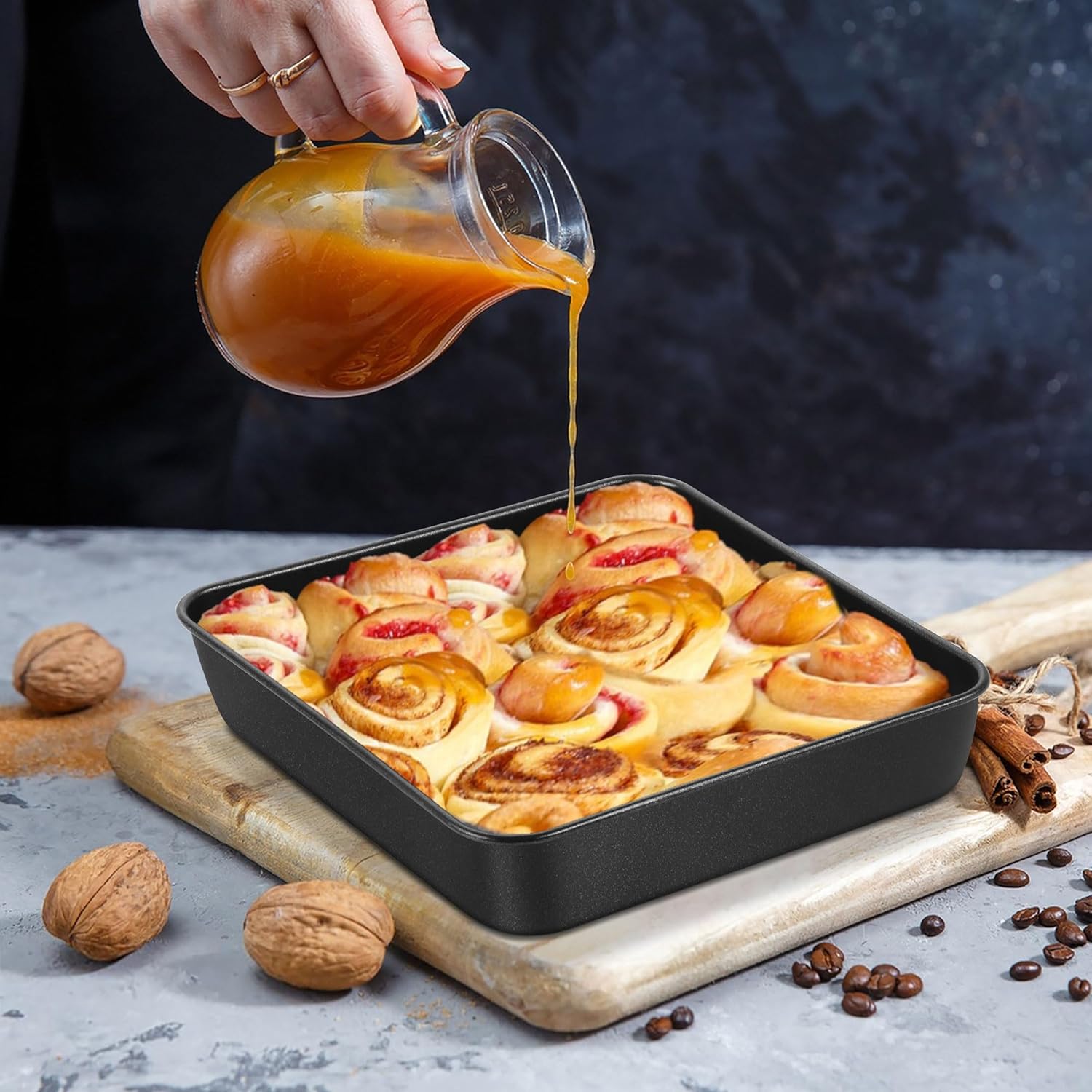 E-far 9x9 Baking Pan, Nonstick Square Cake Pan with Stainless Steel Core, Black Metal Bakeware for Brownies Lasagna Cakes, Non-toxic & Easy Clean, 2 Inch Deep - Image 4