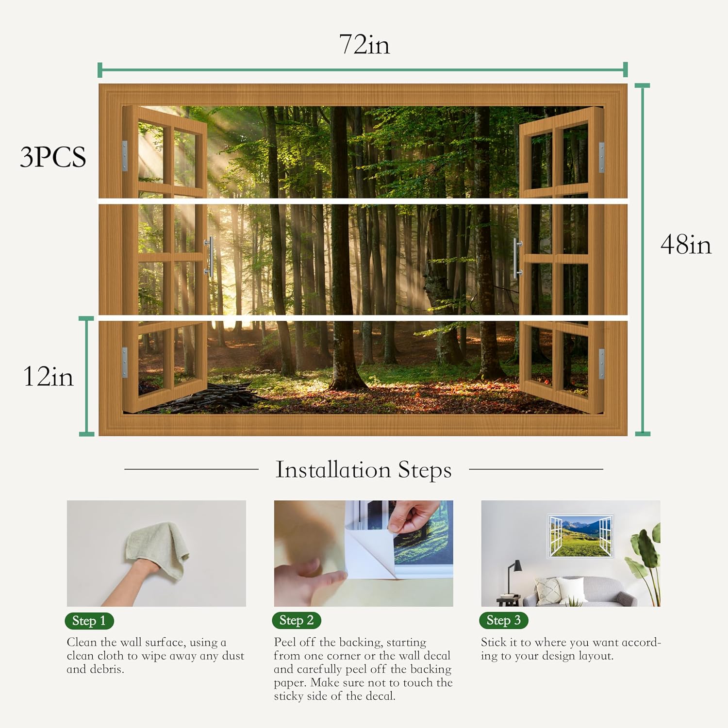 Fake Window for Walls Faux Window Decal Windows Poster Picture Open Window Wall Art Decor, Stick and Peel Wallpaper Nature Wall Decol Light Forest Scene Mural, 48"x72"