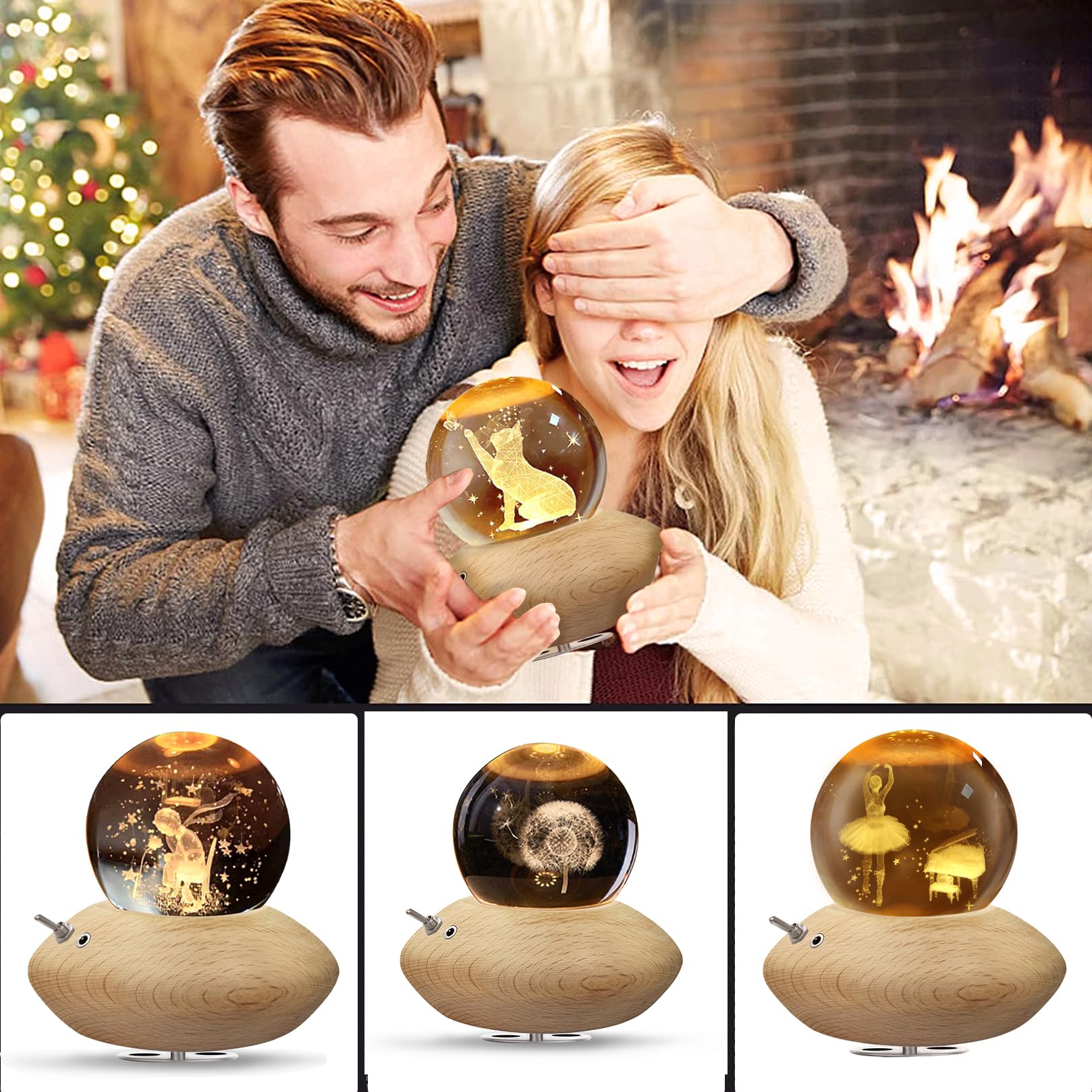 3D Kristallkugel Spieluhr,Katzen Nachtlicht Spieluhr mit Warmem-Projektionsleuchte Holzsockel Rotierende K9 Spieluhren für Weihnachten Geburtstags