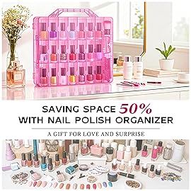 DreamGenius Nail Polish Organizer Case for 48 Bottles with 2 Nail Separators, Double Side Gel Nail Polish Holder with Adjustable Dividers, Pink