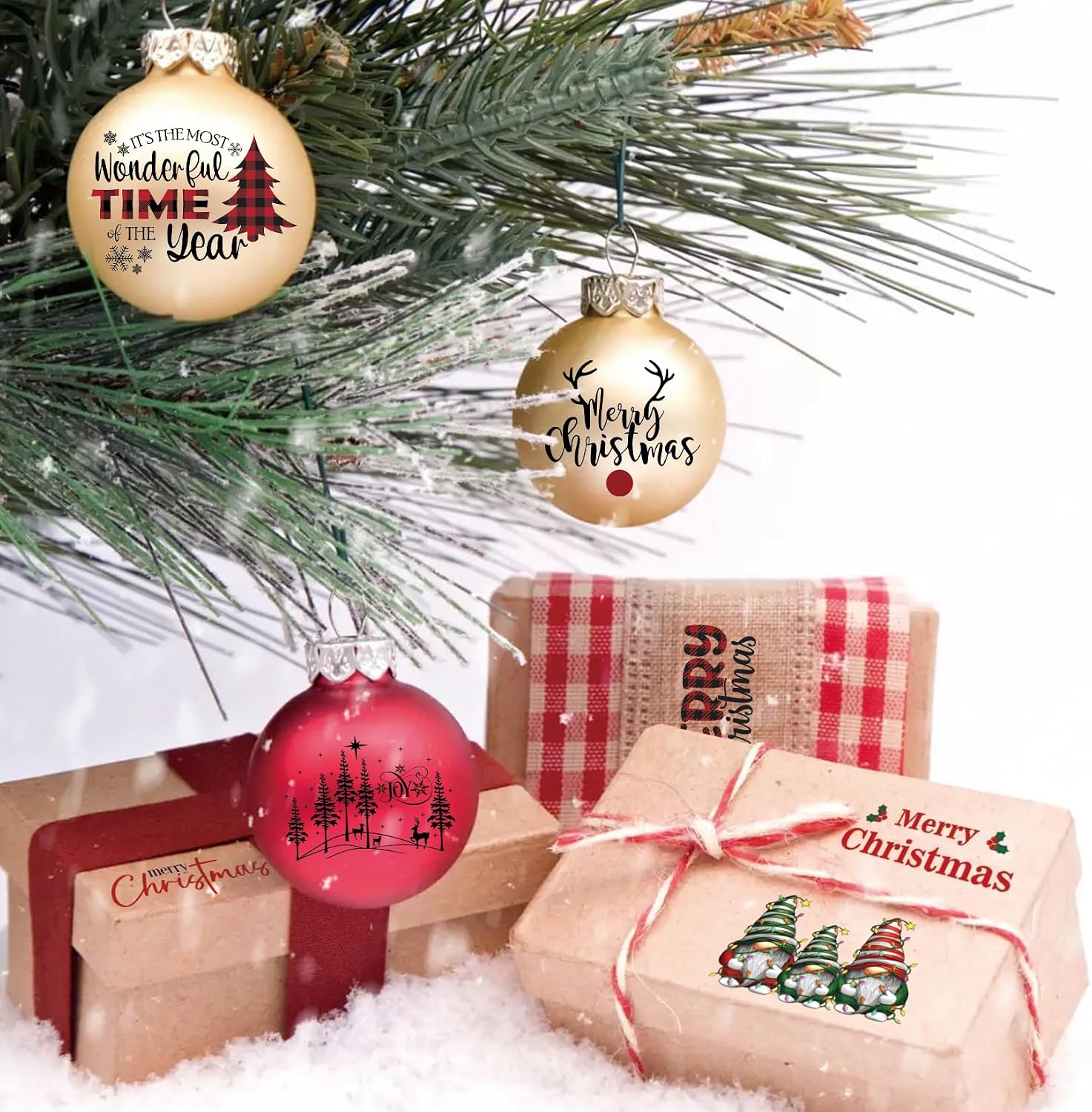144Pcs Christmas Word Decals for Crafts Waterproof Merry Christmas Tree Vinyl Santa Stickers for Ornaments Wood Glass Jars Cups Bottle Decoration (joy144)
