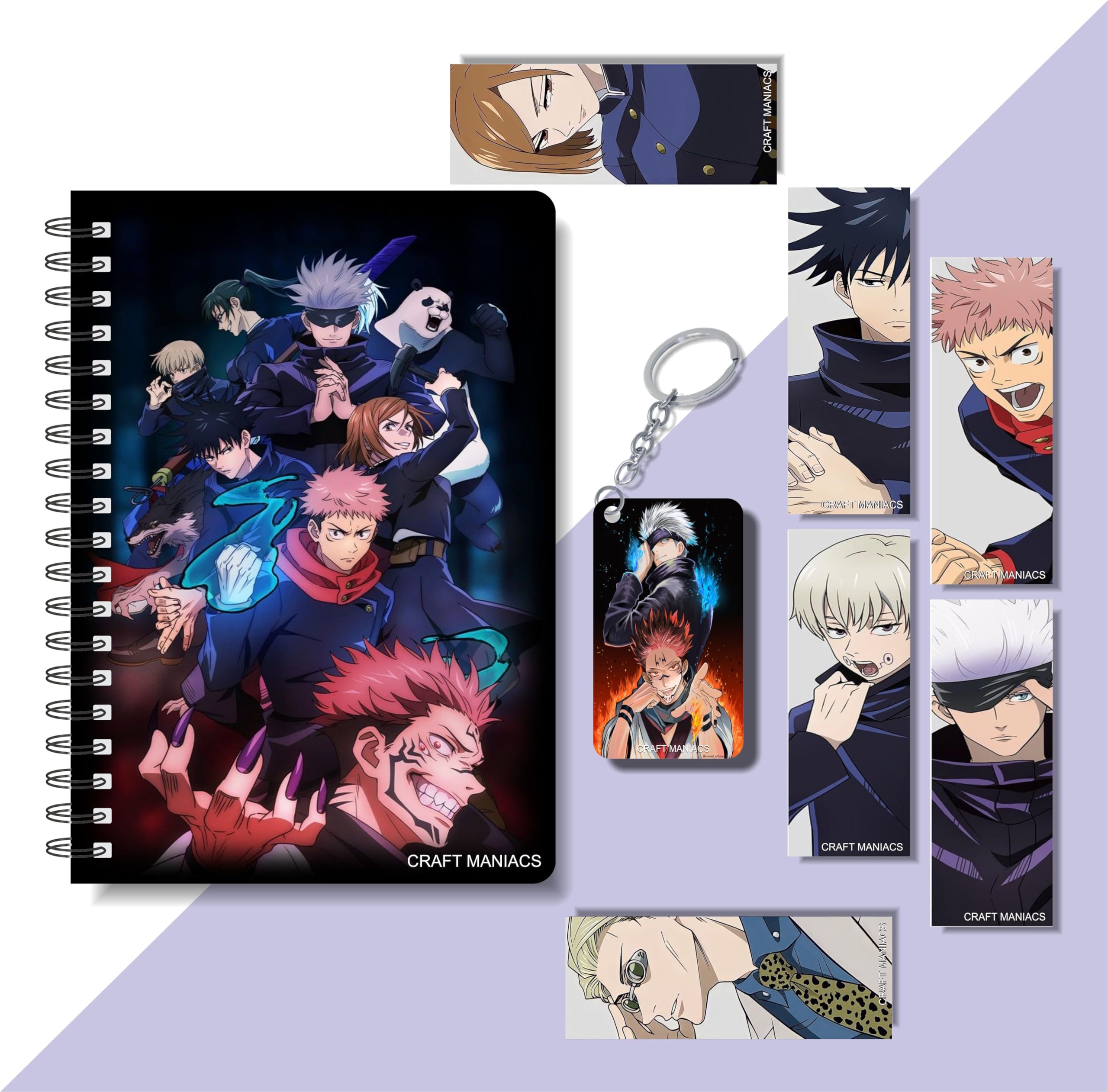 CRAFT MANIACS JUJUTSU KAISEN SATURO GOJO A5 160 RULED PAGES NOTEBOOK WITH 6 FREEBIE BOOKMARKS & WOODEN KEYCHAIN | BEST GIFT FOR MANGA SERIES LOVERS (TYPE 24)-image-3